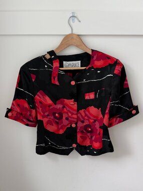 Vintage COMPLICE Italy Black Silk-Look Red Poppy Floral Blouse - 80s/90s